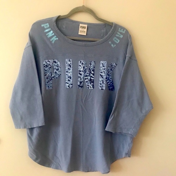 Pink Victoria’s Secret Blue Sequins Logo 3/4 Sleeve Shirt - Picture 2 of 9